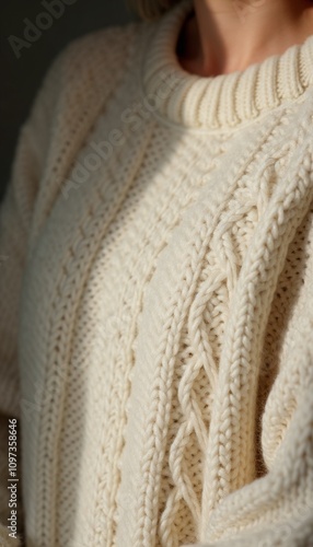 Close-up of a cozy knitted cream sweater in soft light atmosphere