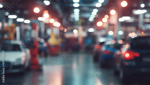 Wallpaper Mural Vibrant Auto Shop Interior with Blurred Lights and Vehicles Torontodigital.ca