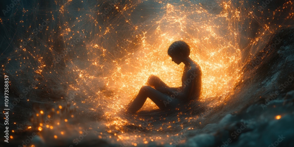 Obraz premium Solitary figure sits amidst glowing embers, contemplating life's mysteries.
