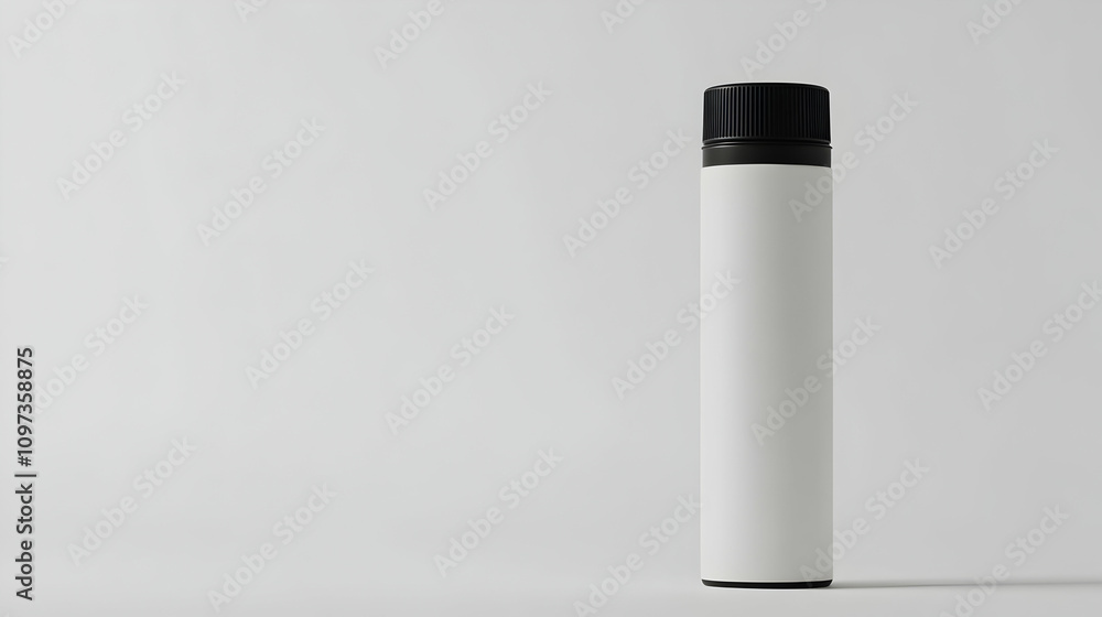 White cylindrical can with black lid on white background. White cylindrical can with black lid on white background.