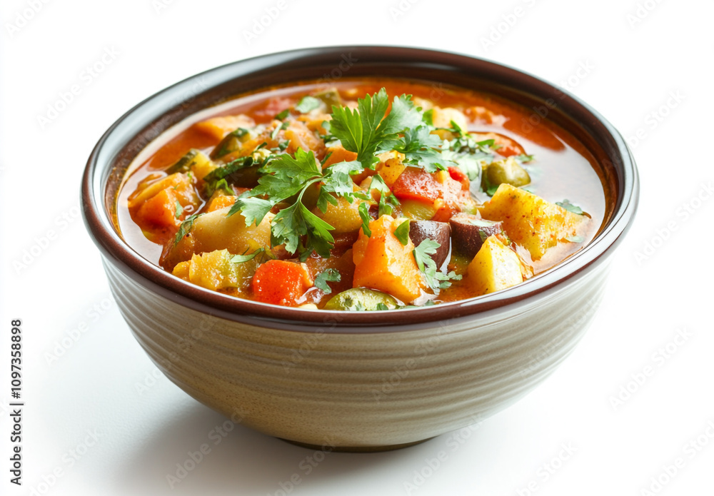 Bowl of vegetable Indian winter curry on a white background Bowl of vegetable Indian winter curry on a white background