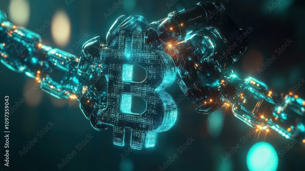 Glowing Bitcoin symbol connected by digital chains. Glowing Bitcoin symbol connected by digital chains.