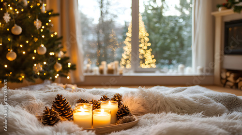 winter festive festival Christmas snow celebration cozy warm home living room indoor wooden table lit candles snowy landscape peaceful atmosphere fireplace