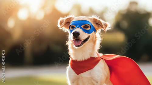 Super dog wearing red cape and blue mask in park