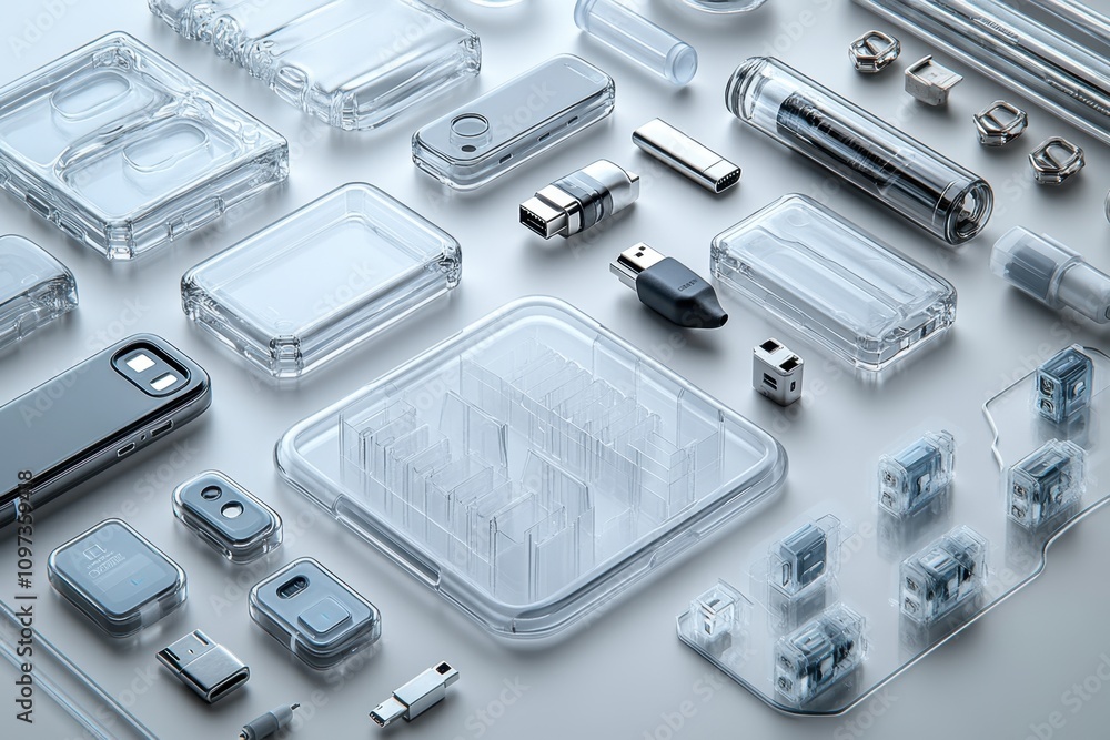 A set of various tech accessories popular that are often encountered in everyday life including USB drives, phone cases, and chargers positioned individually with sharp, clear edges, making A set of various tech accessories popular that are often encountered in everyday life including USB drives, phone cases, and chargers positioned individually with sharp, clear edges, making