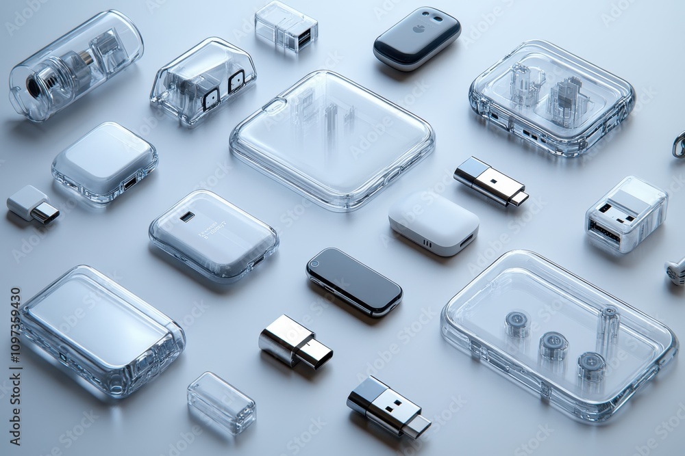 Fototapeta premium A set of various tech accessories popular that are often encountered in everyday life including USB drives, phone cases, and chargers positioned individually with sharp, clear edges, making