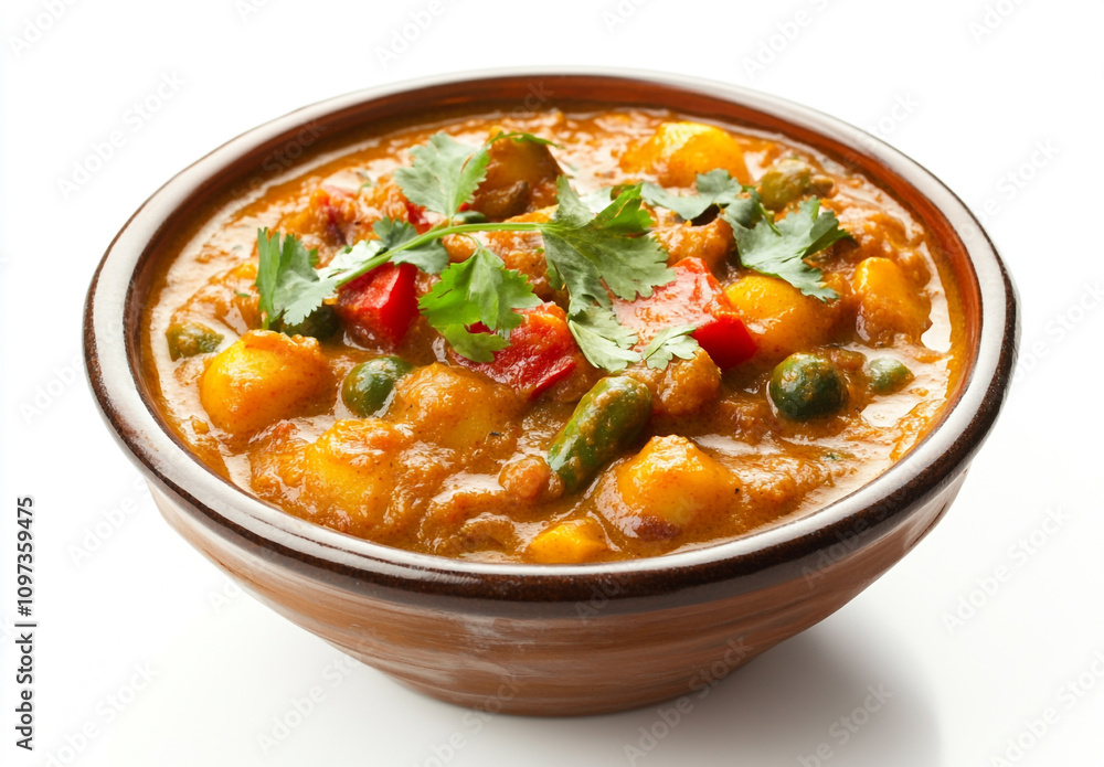 Bowl of vegetable Indian winter curry on a white background Bowl of vegetable Indian winter curry on a white background