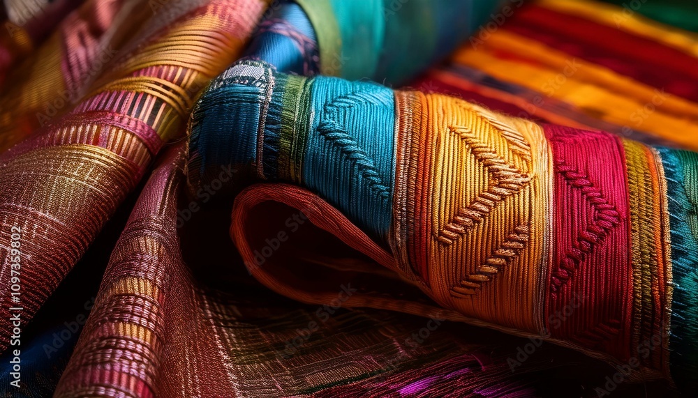 Vibrant hues and intricate textures of colorful textiles. Vibrant hues and intricate textures of colorful textiles.