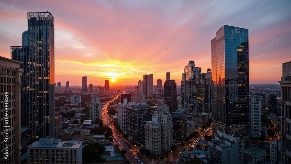 Fototapeta premium Generative AI, Golden Hour Skyline over a Modern Metropolis