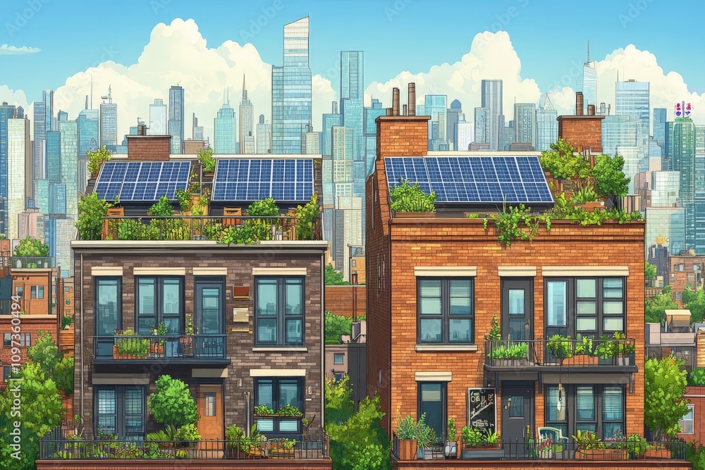 Obraz premium Vibrant urban neighborhood with solar paneled townhouses lush gardens and a backdrop of modern skyscrapers under a clear sunny sky