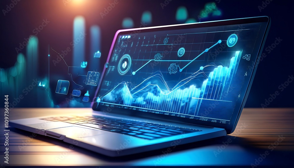 a laptop with icons and graphs, highlighting a marketing strategy concept and technology. a laptop with icons and graphs, highlighting a marketing strategy concept and technology.
