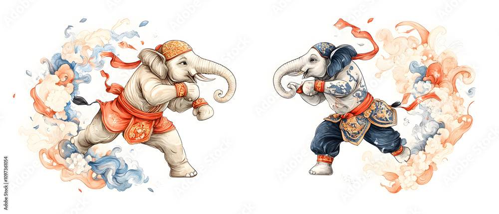 Obraz premium Dynamic Fusion of Muay Thai and thai boxing Art Styles: A Collection of Playful Doodles, Bold Pop Art, and Cultural for Posters, Tags, and Banners with Text Space Integration