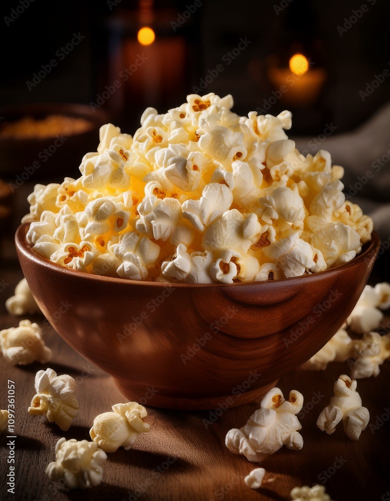 Buttery popcorn in a wooden bowl. Buttery popcorn in a wooden bowl.