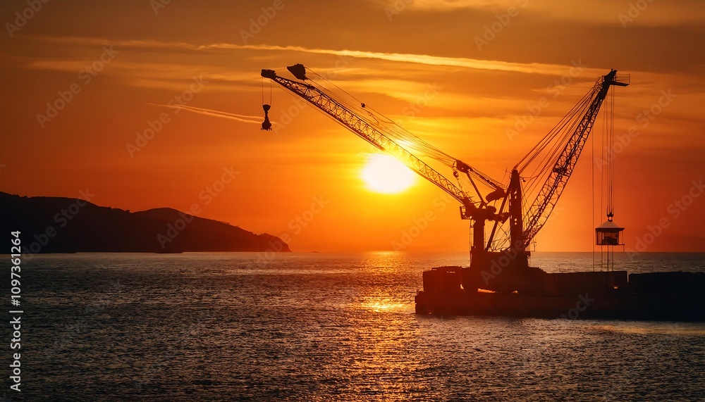 Crane at sunset in a port, highlighting industrial machinery and serene evening landscape. Crane at sunset in a port, highlighting industrial machinery and serene evening landscape.