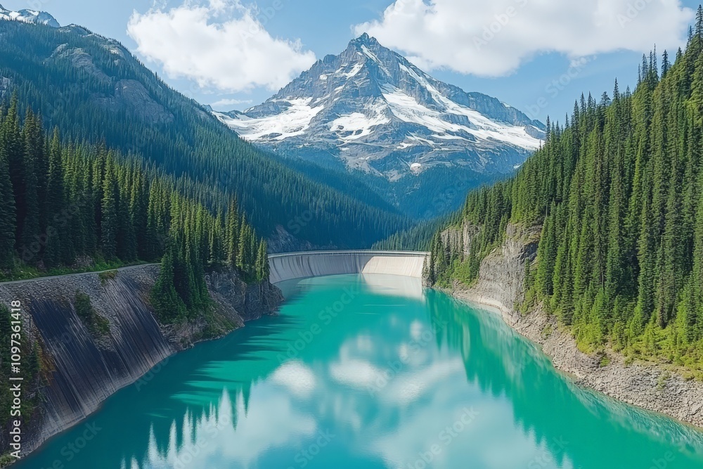 Crystal clear turquoise lake surrounded by dense green pine forest and majestic snow capped mountains under a bright blue sky Crystal clear turquoise lake surrounded by dense green pine forest and majestic snow capped mountains under a bright blue sky
