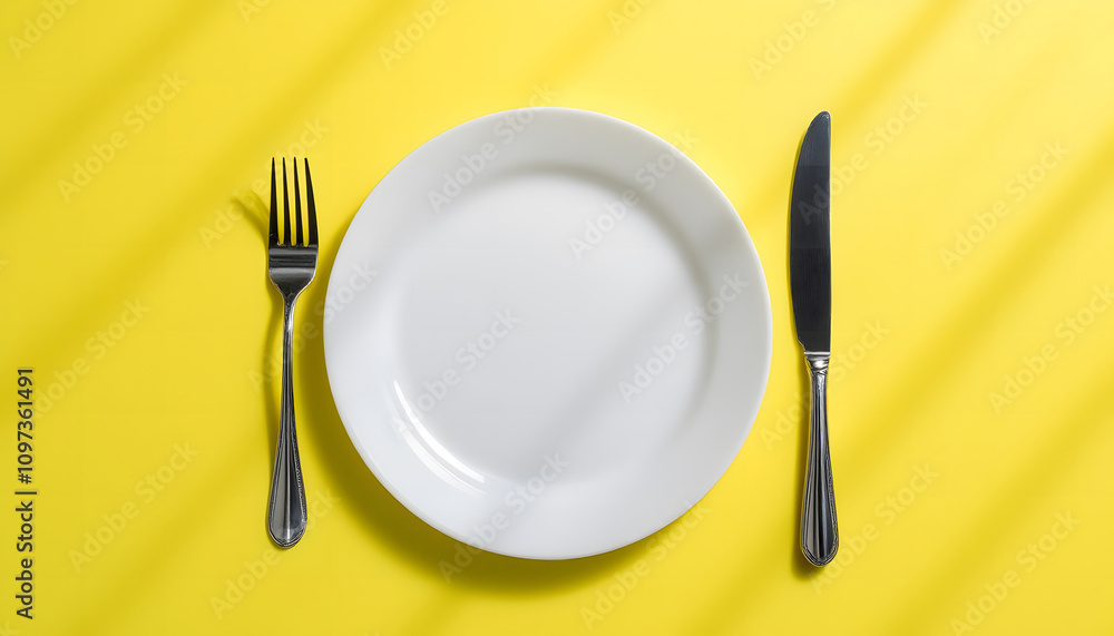Minimalist Dining Concept, White Plate and Cutlery on Yellow Background Minimalist Dining Concept, White Plate and Cutlery on Yellow Background