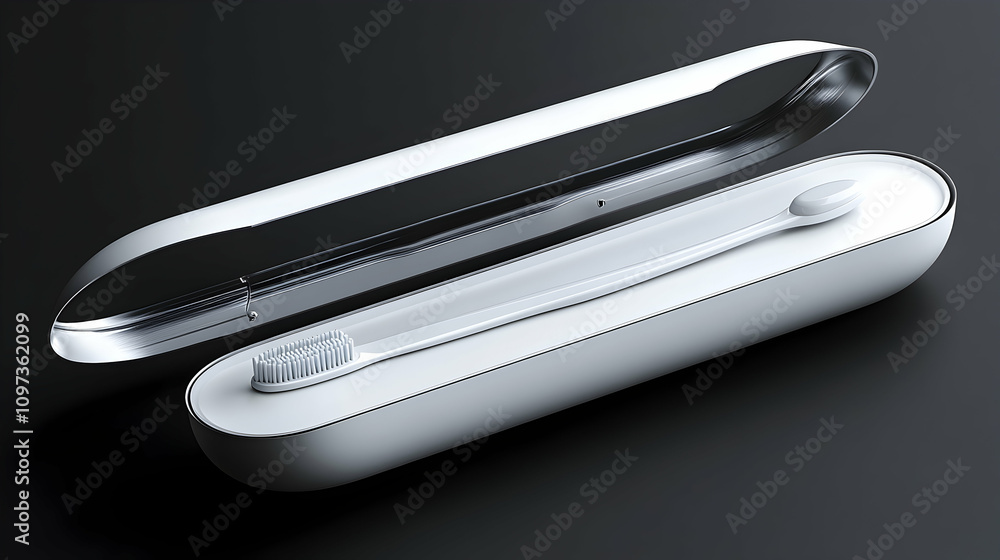 White electric toothbrush in sleek case, isolated on black background. White electric toothbrush in sleek case, isolated on black background.