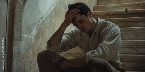 Sad Young Man Sitting on Stone Steps