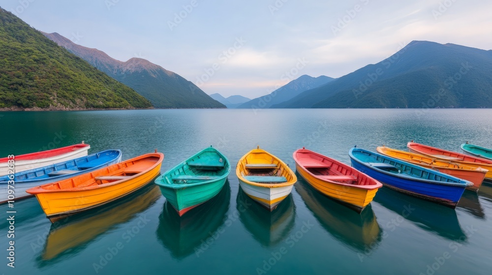 Serene Mountain Lake with Colorful Rowboats: A tranquil scene of colorful rowboats anchored in a pristine mountain lake, with a backdrop of lush green hills and a serene sky. Serene Mountain Lake with Colorful Rowboats: A tranquil scene of colorful rowboats anchored in a pristine mountain lake, with a backdrop of lush green hills and a serene sky.