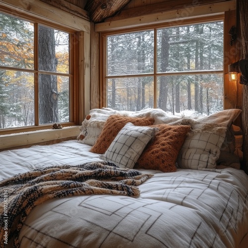 Cozy Cabin Bed Snow Winter ...