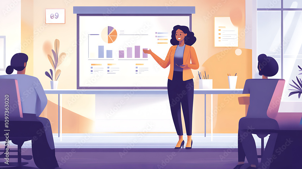 Obraz premium A businesswoman presenting quarterly results to her team in a well-decorated boardroom