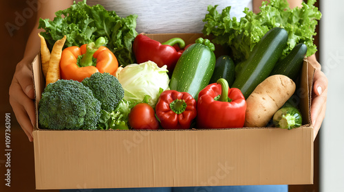 healthy organic diet food delivery home shopping e-commerce supermarket, person holding a cardboard box fresh colorful vegetables