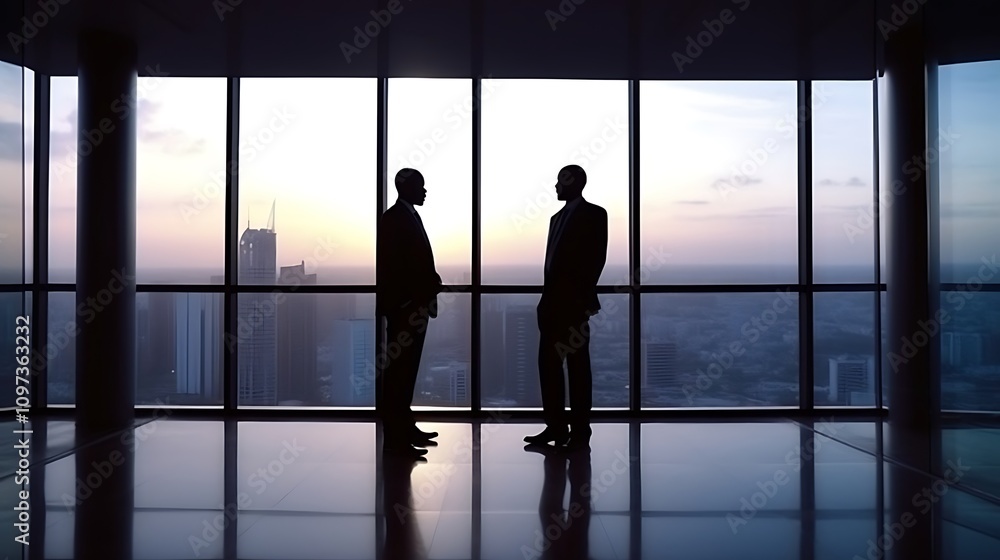 Two Businessmen Silhouetted Against City Skyline Two Businessmen Silhouetted Against City Skyline