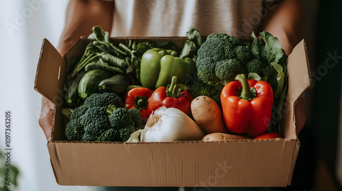 healthy organic diet food delivery home shopping e-commerce supermarket, person holding a cardboard box fresh colorful vegetables