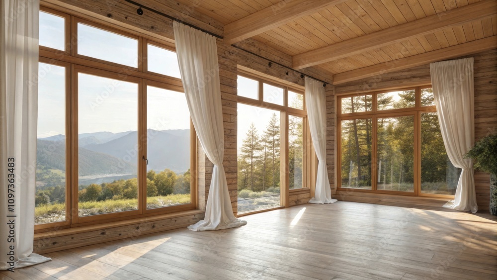 Fototapeta premium The large windows allow for natural light to flood in accentuating the organic textures and colors of the wood while curtains flutter gently in the breeze.