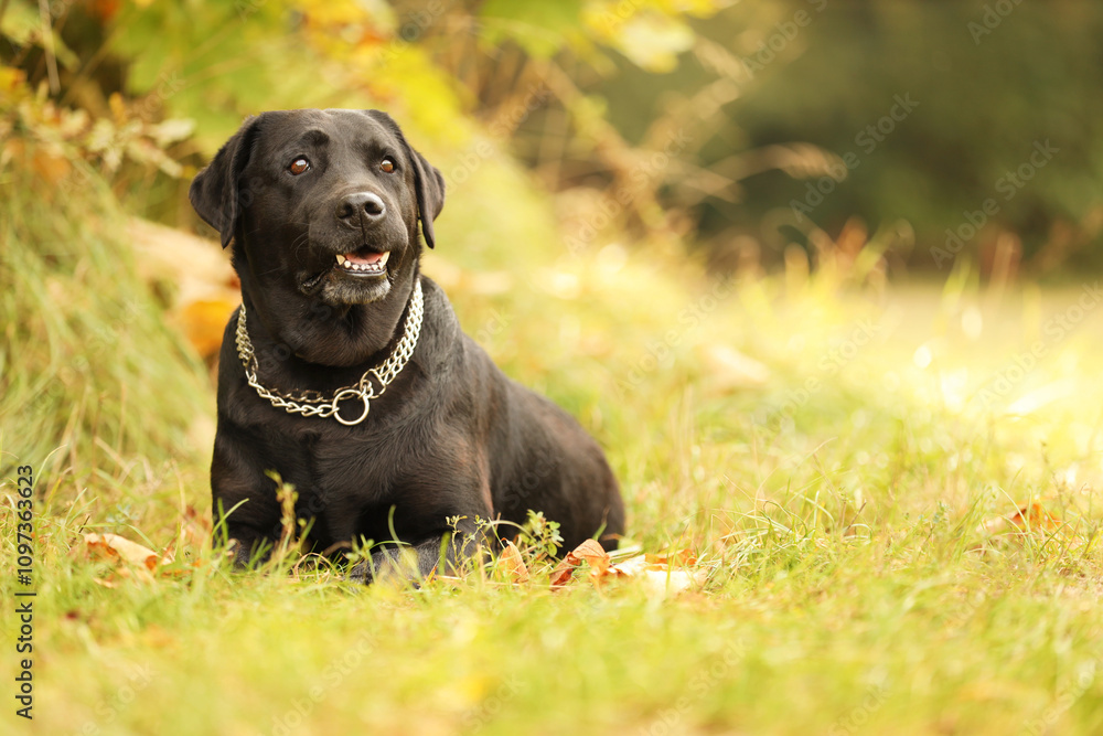 Adorable Labrador Retriever dog lying on green grass outdoors. Space for text Adorable Labrador Retriever dog lying on green grass outdoors. Space for text