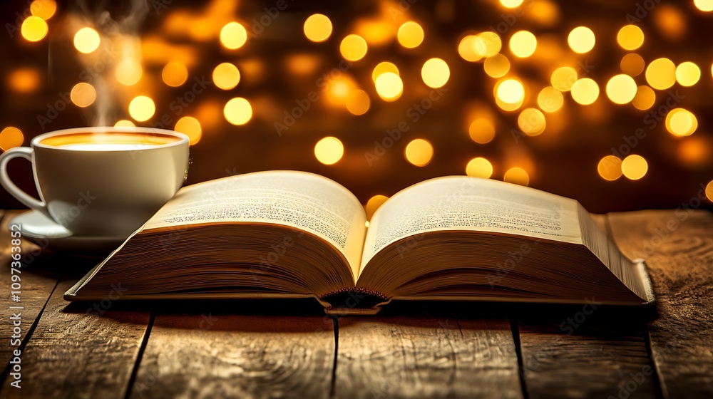 A steaming cup of coffee rests beside an open book A steaming cup of coffee rests beside an open book