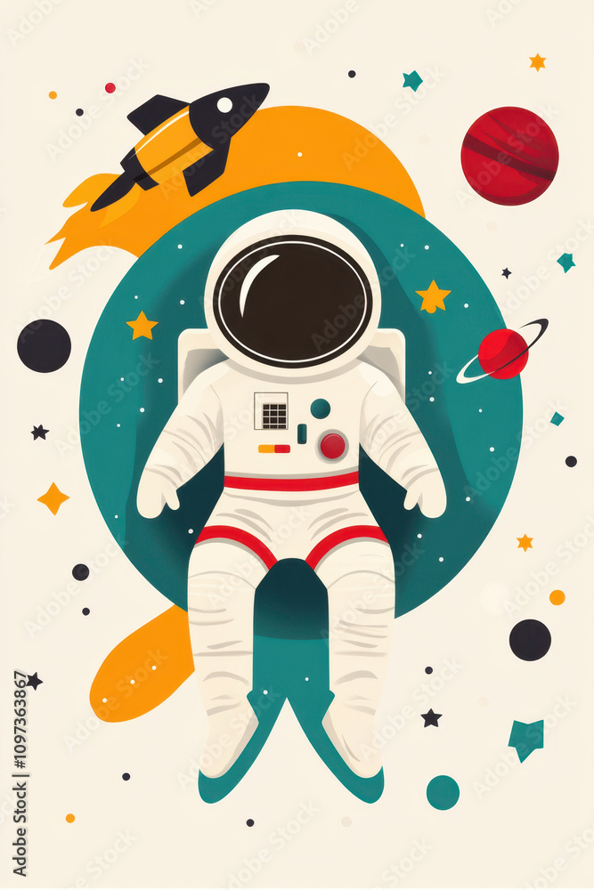 Naklejka premium Occupation. A colorful illustration of an astronaut seated in space surrounded by planets, stars, and a rocket, capturing the essence of cosmic exploration.