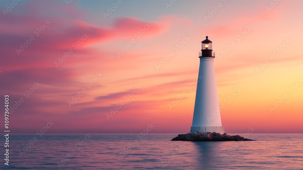 Lighthouse Guiding Through Sunset: A solitary lighthouse stands tall against a vibrant sunset, its beacon illuminating the horizon and symbolizing hope, guidance, and resilience. Lighthouse Guiding Through Sunset: A solitary lighthouse stands tall against a vibrant sunset, its beacon illuminating the horizon and symbolizing hope, guidance, and resilience.