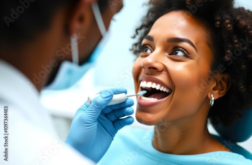A dentist examining a patient's teeth, young black female at the dentist's. Dental health and hygiene. Close-up of patient's face and doctor's hands in gloves