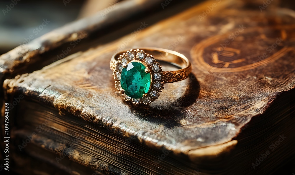 Antique gold ring with emerald and diamonds on old book. Antique gold ring with emerald and diamonds on old book.