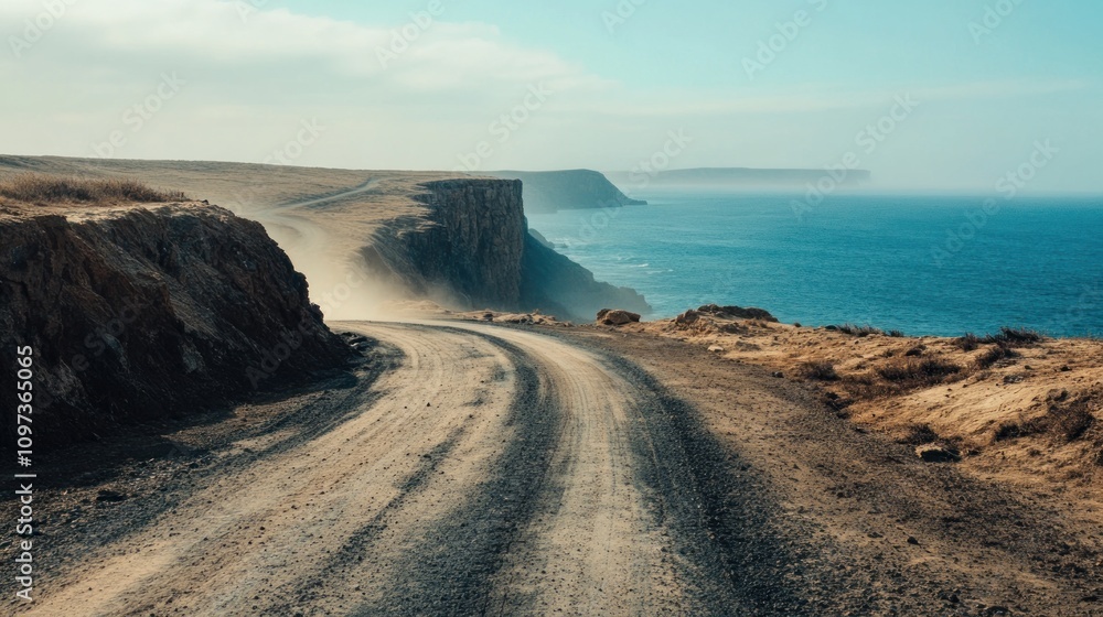Scenic coastal road winding along a cliff by the ocean. Scenic coastal road winding along a cliff by the ocean.