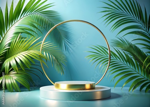 3D Podium, Palm Leaves, Golden Ring, Cosmetic Product Showcase