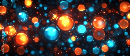 Dynamic pattern of glowing molecular like spheres in blue and orange tones forming a scientific inspired abstract 3D illustration with a futuristic vibe photo