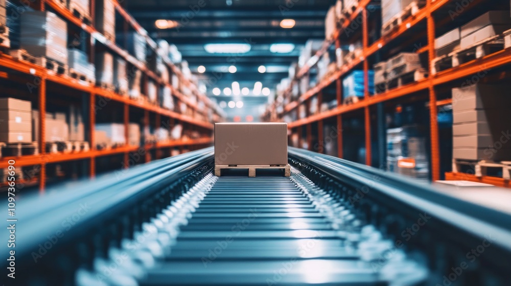 Fototapeta premium Conveyor belt transporting a package in a warehouse.