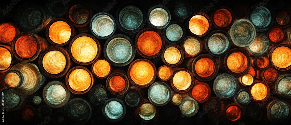 Organic abstract arrangement of glowing circular particles in warm orange yellow and black tones creating a modern textured background Organic abstract arrangement of glowing circular particles in warm orange yellow and black tones creating a modern textured background