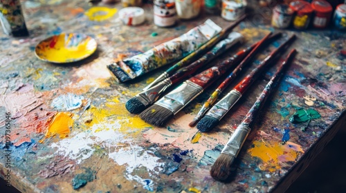 Paintbrushes and paint on artist's palette.