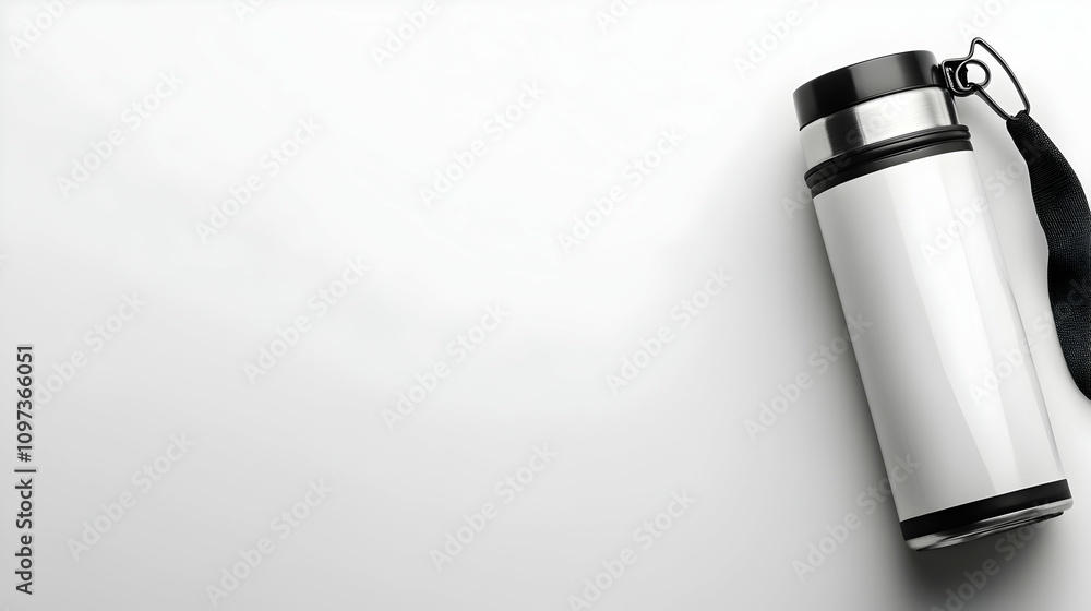 White insulated water bottle with black lid and strap on white background. White insulated water bottle with black lid and strap on white background.
