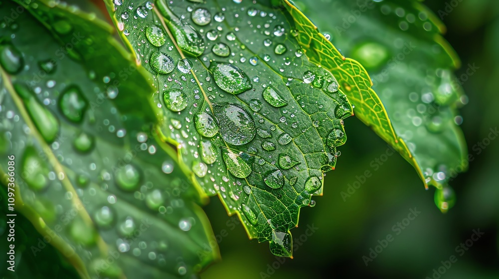 Close-up of vibrant green leaf with dew drops, showcasing nature's beauty and freshness after rain. Close-up of vibrant green leaf with dew drops, showcasing nature's beauty and freshness after rain.