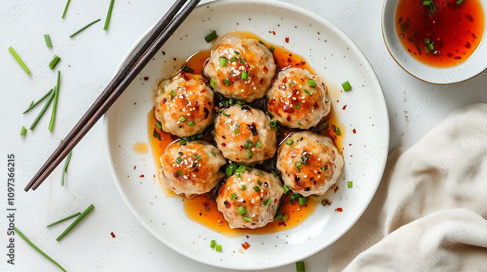 A plate of steamed dumplings topped with sesame seeds and scallions with soy sauce dipping sauce. A plate of steamed dumplings topped with sesame seeds and scallions with soy sauce dipping sauce.
