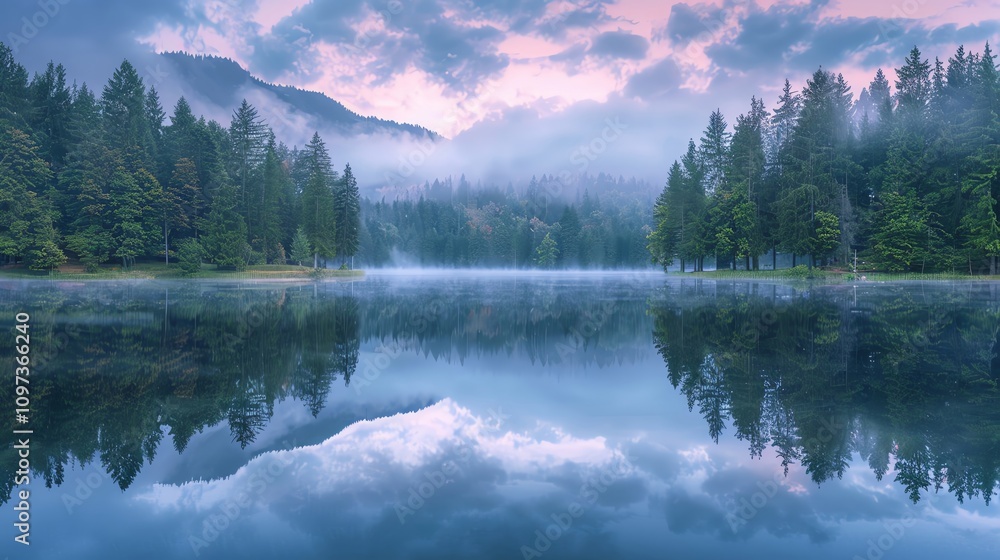 Fototapeta premium Serene landscape featuring a tranquil lake surrounded by lush trees and misty mountains under a colorful sky.