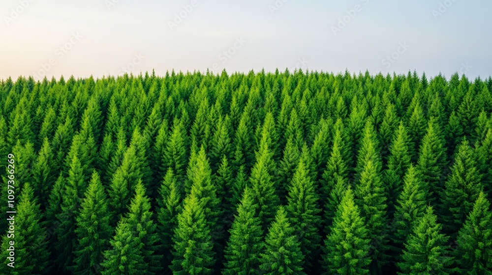 Serene Evergreen Forest: An aerial view captures the lush green canopy of a vast coniferous forest, showcasing the uniformity and density of the trees. Serene Evergreen Forest: An aerial view captures the lush green canopy of a vast coniferous forest, showcasing the uniformity and density of the trees.