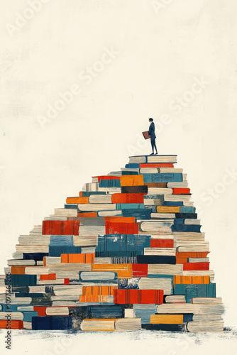 Occupation. A lone figure stands atop a colorful stack of books, symbolizing knowledge, achievement, and the journey of learning.