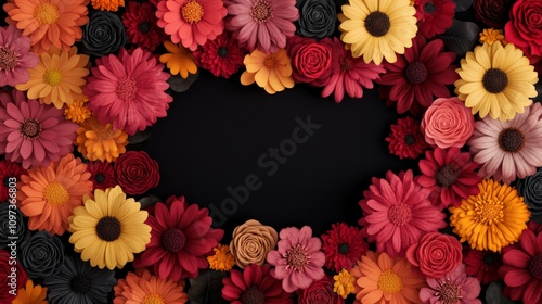 Floral Heart Frame: A captivating arrangement of vibrant, handcrafted paper flowers in warm autumnal hues creates a stunning heart-shaped frame against a rich black background.