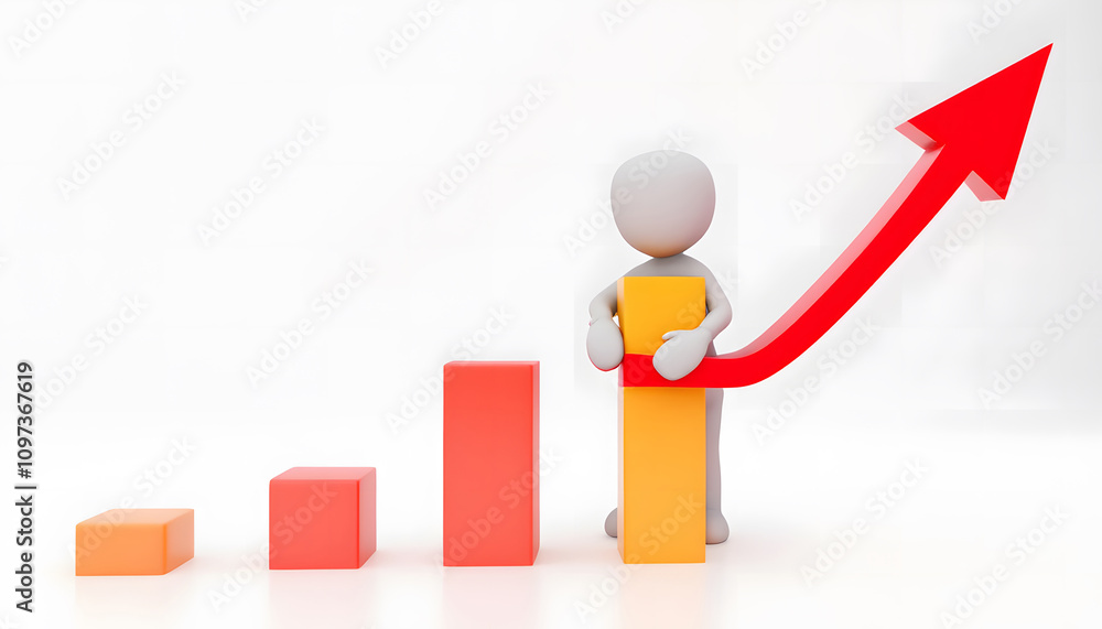 A 3D illustration of a white figure standing beside an upward-trending bar chart with orange and red bars, symbolizing growth and success. A 3D illustration of a white figure standing beside an upward-trending bar chart with orange and red bars, symbolizing growth and success.
