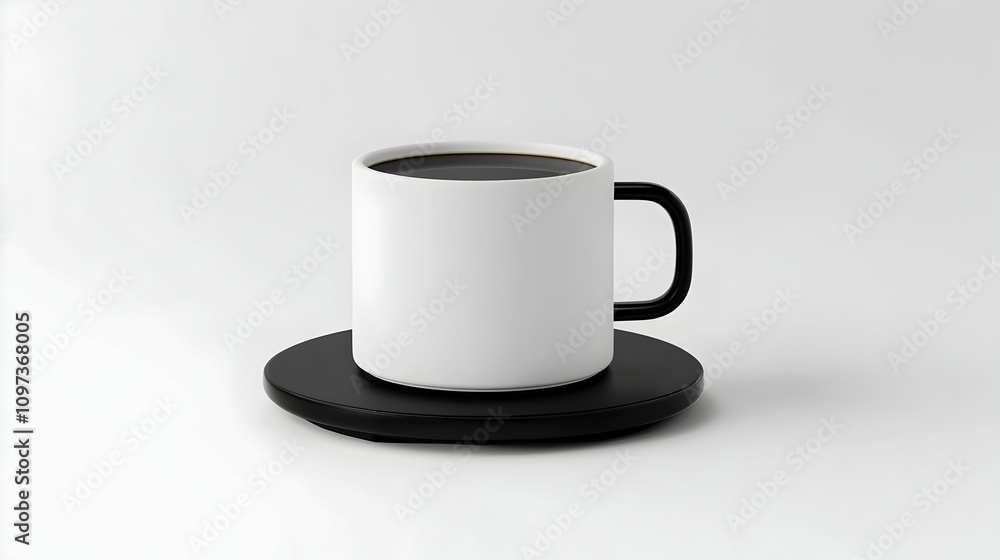 White mug with black handle and saucer, filled with dark coffee, on white background. White mug with black handle and saucer, filled with dark coffee, on white background.